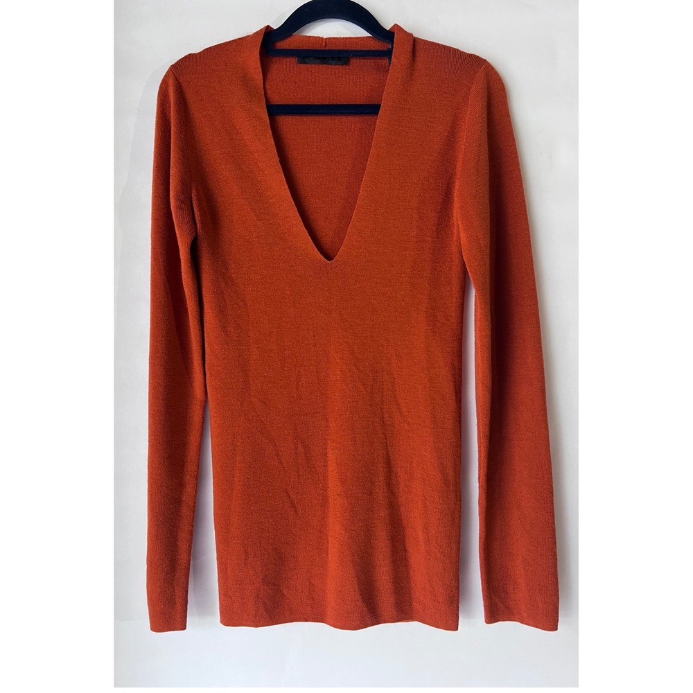Jil Sander 100% Wool Deep V-Neck Long Sleeve Knit Sweater Rust Orange Size L